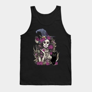 Witch and cat for cute Halloween, purple roses,scary, spooky Tank Top